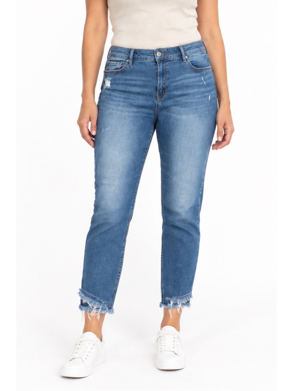 Eunina Mid Rise medium wash, Skinny Crop jeans with distressing & frayed hem